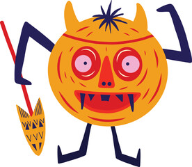 Crazy funny pumpkin with a spear. Cute bizarre comic Halloween characters in modern flat hand drawn style