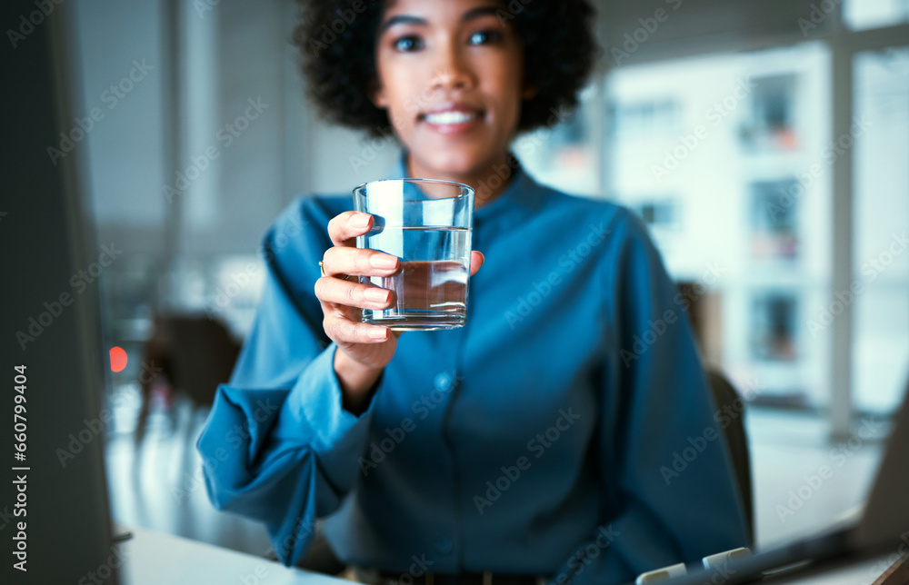 Wall mural woman, glass and water in portrait, office and smile for hydration, wellness and pride at finance co