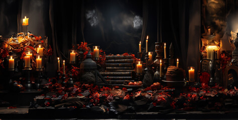 burning candles in a temple, Dark banner with books and candles Silhouette