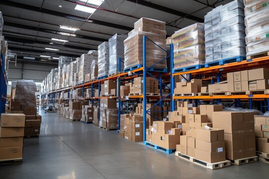 High angle view of warehouse with shelves and boxes. This is a freight transportation and distribution warehouse. Industrial and industrial background