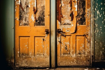Damaged doors from break-in. Illustrates home insurance. Generative AI