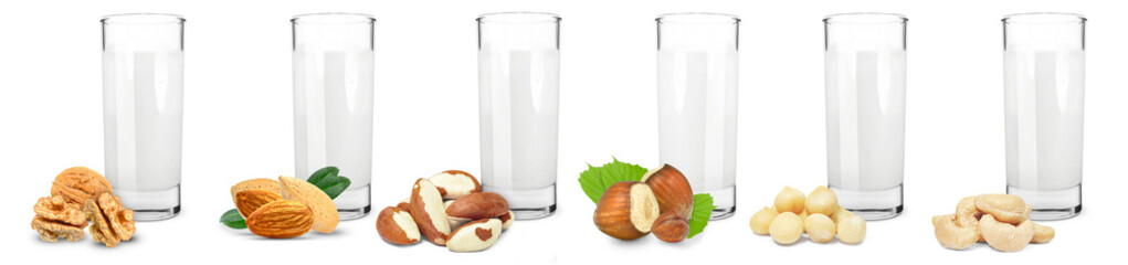 walnut, brazil, almond, hazelnut, macadamia and cashew milk isolated on white background