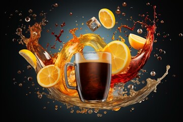 Various beverages in round splash: tea, cola, coffee, alcohol. Hot and cold black tea, dark beer, cognac, and cola drink splashing. Isolated liquid healthy drink for label, sticker, or. Generative AI - obrazy, fototapety, plakaty