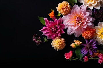 Colorful spring flowers on black background for Mother's Day or birthday greetings. Daffodils, dahlias, lilac and peach pink flowers with space for text. Generative AI