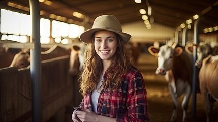 Beautiful young woman wearing a cowboy hat and plaid shirt with a tablet PC smiles at the camera. Standing next to a cow in a cow farm - obrazy, fototapety, plakaty
