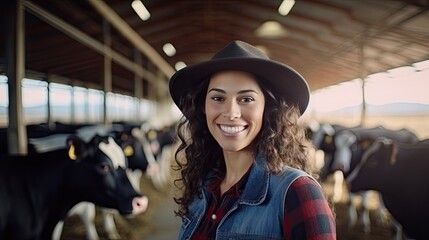 Beautiful young woman wearing a cowboy hat and plaid shirt with a tablet PC smiles at the camera. Standing next to a cow in a cow farm