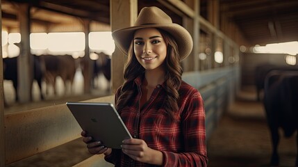 Fototapeta premium Beautiful young woman wearing a cowboy hat and plaid shirt with a tablet PC smiles at the camera. Standing next to a cow in a cow farm