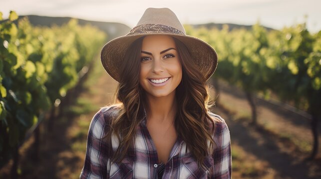Beautiful young woman wearing a vineyard cowboy hat