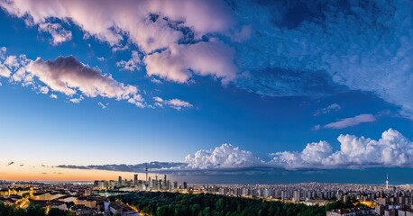A beatiful sky with comolus clouds and a city skyline below