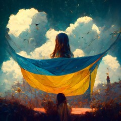 little girl Ukrainian flag world Salvador Dali style blue sky heavenly wings gates of paradise doves sharp focus high details photorealism real photo surrealism collage psychedelic 8k complex 