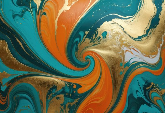 a canvas where teal and orange paint have been swirled together on a luxurious marbling background, with gold powder adding a touch of sparkle.
