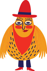 Vibrant Strange ugly yellow bird cowboy. Halloween characters. Cute bizarre comic characters in modern flat hand drawn style