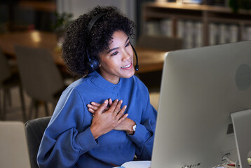 Computer video call, customer care or business woman communication, telemarketing or advice on...