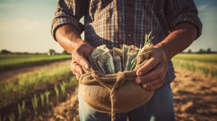 Farmer holding a bag of money on the background of farmland - obrazy, fototapety, plakaty