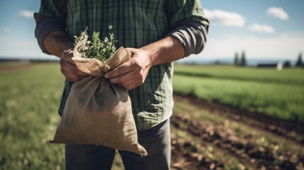 Farmer holding a bag of money on the background of farmland