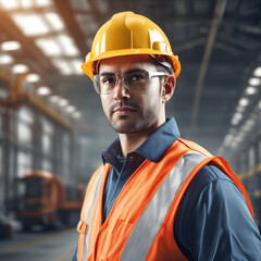Retrato de ingeniero civil con casco amarillo y chaleco naranja con lentes.  concepto induatria, fabrica, trabajador