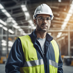 Hombre con casco blanco de seguridad  dentro de una fabrica, concepto industrial.