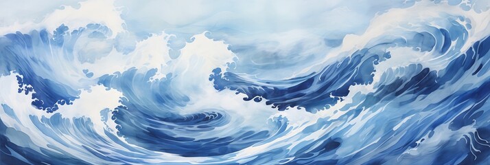 large wave breaking ocean blue sky oil medium colored pencil scroll creeping forward waving tsunami lossless one piece ship sailing - obrazy, fototapety, plakaty