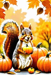 A children’s book cover design with a friendly squirrel, an acorn, and some orange pumpkins and fall leaves on a light surface