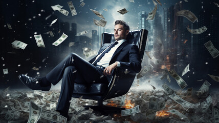 a businessman sitting and background of falling money, the concept of investment, dividends ,interest, capital gain - obrazy, fototapety, plakaty