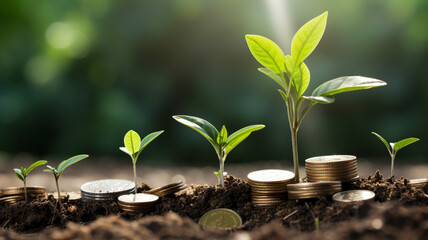 Growing plants on coins stacked on green blurred backgrounds and natural light with financial ideas