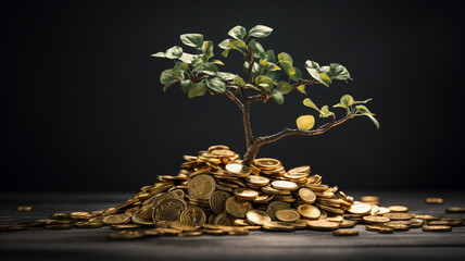 Fototapeta na wymiar tree growing on pile of golden coins, growth business finance investment