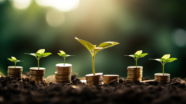Growing plants on coins stacked on green blurred backgrounds and natural light with financial ideas