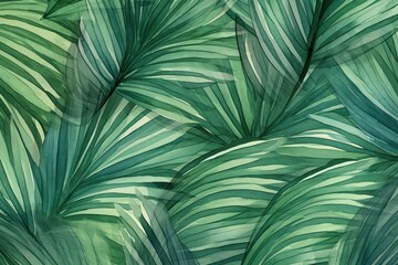 watercolor abstract floral pattern template green background, exotic tropical wall with green, palm and banana leaves