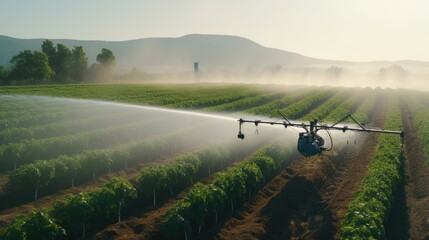 A smart robot sprays water to increase tomato production in an organic farm too. - obrazy, fototapety, plakaty