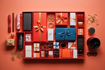 a close up of a red box with many different items in it