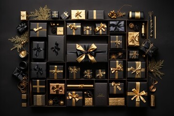 a black and gold christmas presents arranged in a square