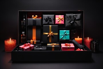 a close up of a box of presents with candles and candles
