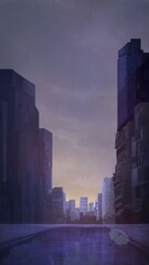 City on a rainy dawn Illustration , anime style background 