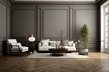 Oak flooring, dark gray walls, cream colors. Empty living room. Generative AI