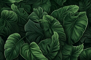 Exotic foliage pattern, lush green backdrop for prints, covers, banners, and invitations. Generative AI