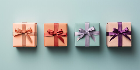 Banner with small gift boxes in a row on pastel blue background.