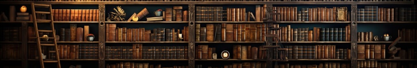 old wooden cabinet with books in the library  - obrazy, fototapety, plakaty