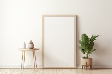 Fototapeta na wymiar Mockup of vertical frame on wooden floor in a beige livingroom. Generative AI