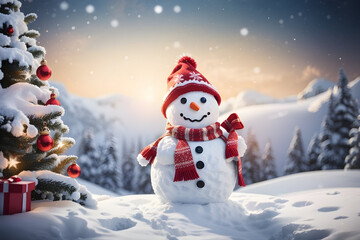 Naklejka na ściany i meble From the side christmas and happy new year greeting card with copy-space. Happy snowman standing in christmas landscape. Snow background. Winter fairytale 