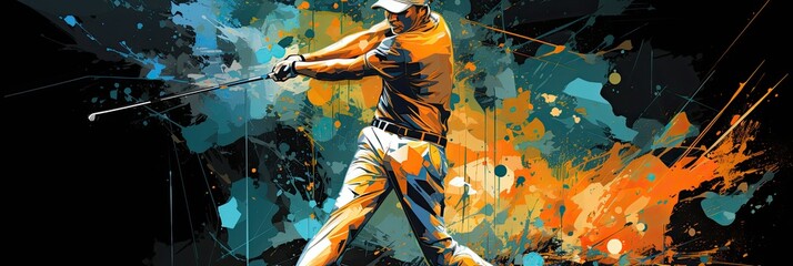 painting of a man in a golf club swinging position with an orange background. 