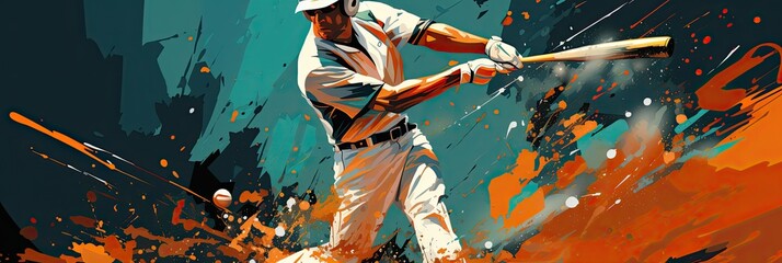 painting of a man in a baseball club swinging position with an orange background. 