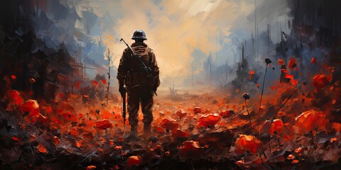 War soldier in a red poppy field with weapon - obrazy, fototapety, plakaty