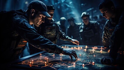 Soldier takes command of his squad while looking at a war maps at the monitors - obrazy, fototapety, plakaty
