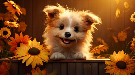 puppy sitting fence flowers background smiling face sunflower fluffy small room brown eyes long funny file tail goofy cartoon highly ray sunlight - obrazy, fototapety, plakaty