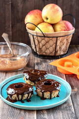 Applesauce donuts with oatmeal, drizzled with honey and cocoa. Baked in the oven in a silicone mold. Proper nutrition. Vegan concept.