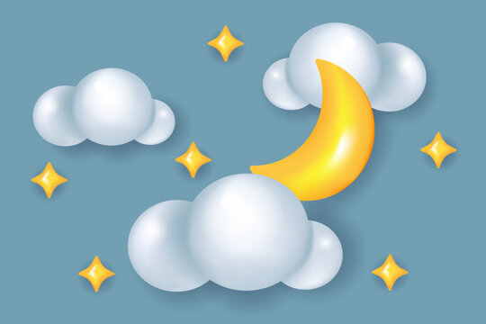 3d weather icons, the moon on a blue sky background.
Realistic 3D cartoon plastic weather icon. An element of children's design, a vector image.