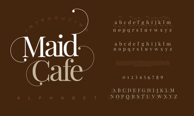 Maidcafe premium luxury elegant alphabet letters and numbers. Elegant wedding typography classic serif font decorative vintage retro. Creative vector illustration