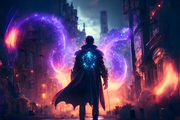 A man with a magical powers trying to protect his city from an alien invasion manga anime highly detailedmagical lsd trippy super realistic unreal engine octane render ue5 cinematic lighting  - obrazy, fototapety, plakaty