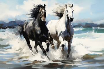 Black and white horses galloping on the beach. Illustration. Color. Horizontal. Generative AI