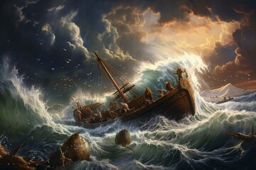 Illustration of a stormy sea with Noah's ark. Generative AI - obrazy, fototapety, plakaty